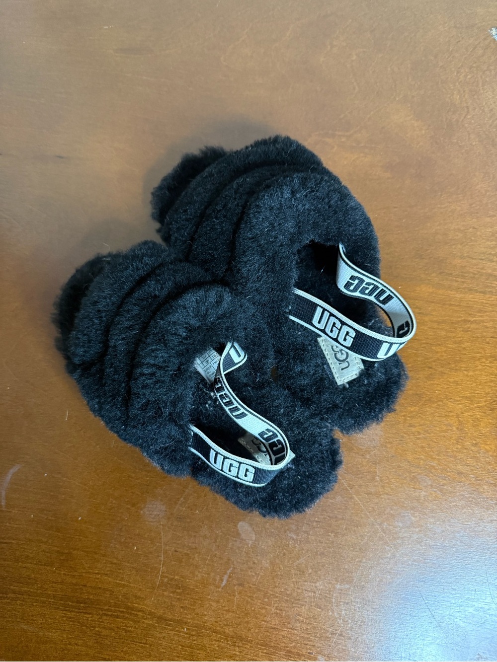 UGG Kids Black Fuzzy Slippers with Branded Strap